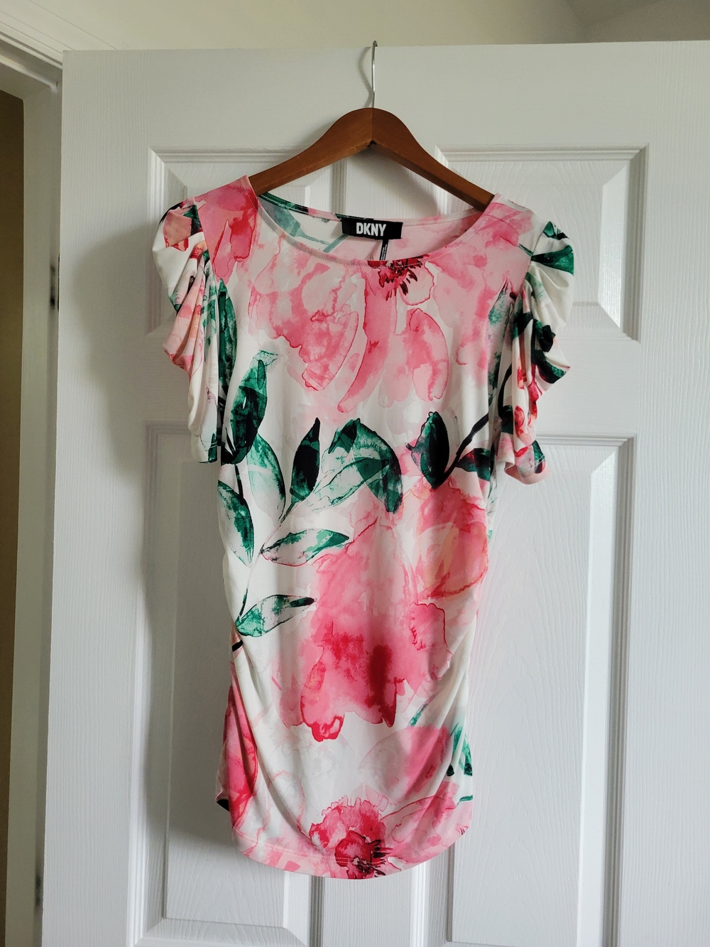 DKNY Pink and Green Floral Short Sleeve Blouse